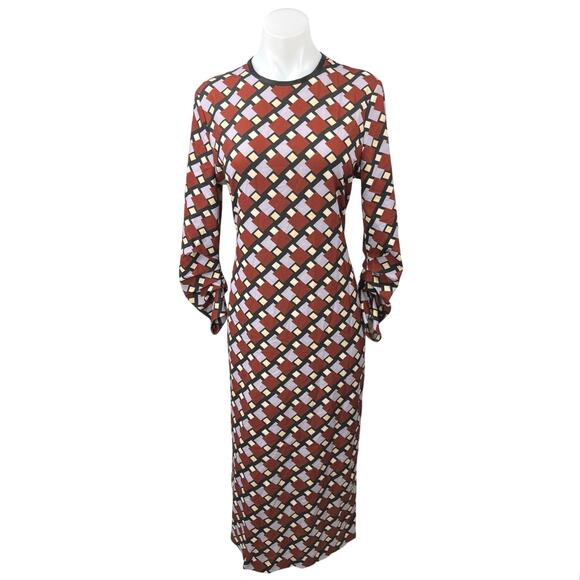 Zara Multicolor Geometric Ruched Long Sleeve Slit Midi Maxi Bodycon Dress Size M - Picture 1 of 4